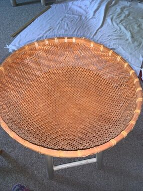Large Vintage Winnowing Basket Bowl 14” Handwoven Bamboo Rattan USA PRIMITIVE